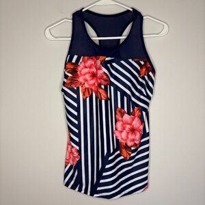 YONIQUE 2-Piece Tankini Size Small Floral Stripes Navy Pink Mesh NEW wTags
